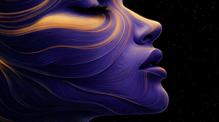 Obraz premium Abstract Face with Golden Lines and Purple Swirls