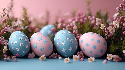 Fototapeta premium Vibrant Easter Greetings card showcasing a minimalistic 2D layout provides a broad blank space on the lower center surrounded by gentle 3D accents that add a festive touch