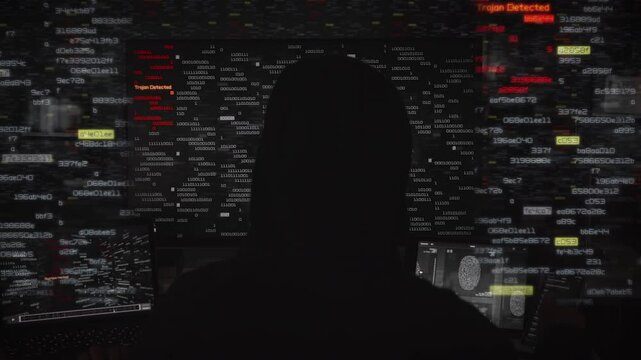 A Hooded Hacker Works In A Dark Room, Surrounded By Digital Codes And Red Alerts On Multiple Screens. The Man Is Focused On Stealing Data Using Advanced Technology,  Holographic Screens. Cybersecurity