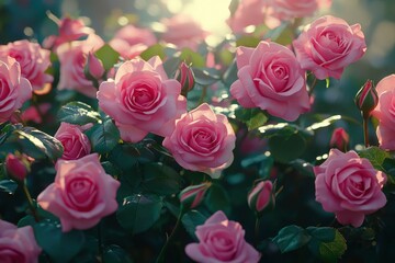 Obraz premium Pink Roses in Bloom with Sunlight Filtering Through Leaves