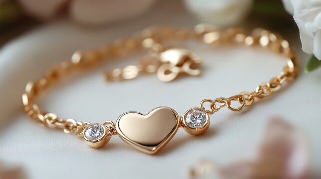 A beautiful gold bracelet with a personalized name plate, a heart charm, and a sparkling diamond. It's perfect for Valentine's Day with its romantic design.