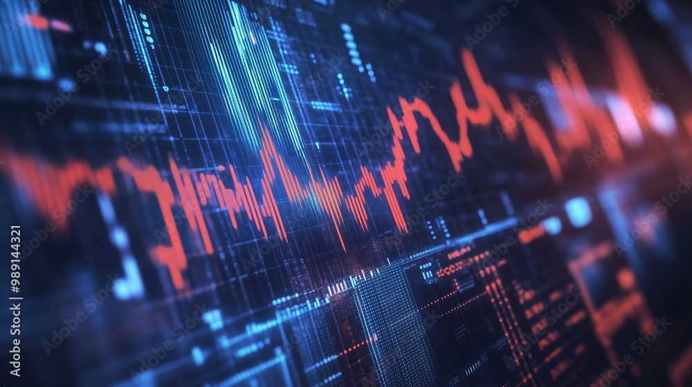 Poster visual representation of data trends with a heartbeat pattern against a digital background in a tech