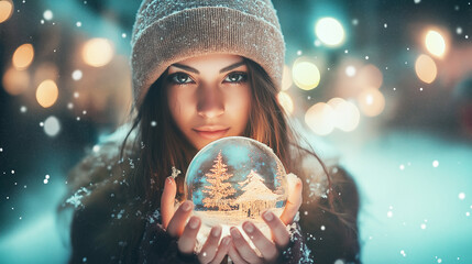 Naklejka premium Girl in winter clothes holding a glass Christmas ball with a house inside. New Year's festive atmosphere. snow and lights in the background.