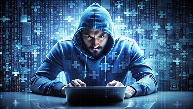 A hacker trying to crack a code, represented as a puzzle.
