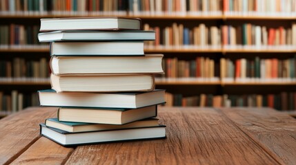 Neatly Stacked Books on a Wooden Table Signifying Education and Learning
