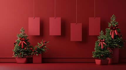 small Christmas trees adorned with red bows sit in pots against a vibrant red wall, complemented by blank tags hung above them, creating a festive atmosphere