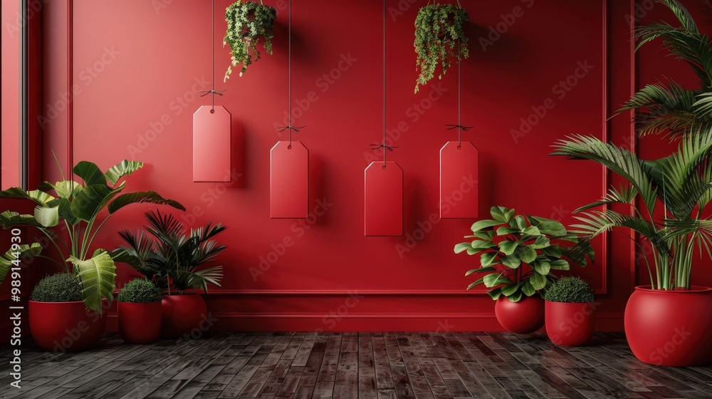 Poster a modern interior features lush indoor plants in red pots arranged neatly against a striking red wal