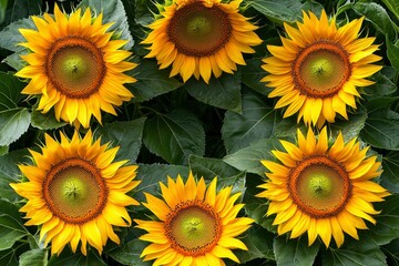 A Close-Up of Six Sunflowers Blooming in a Field