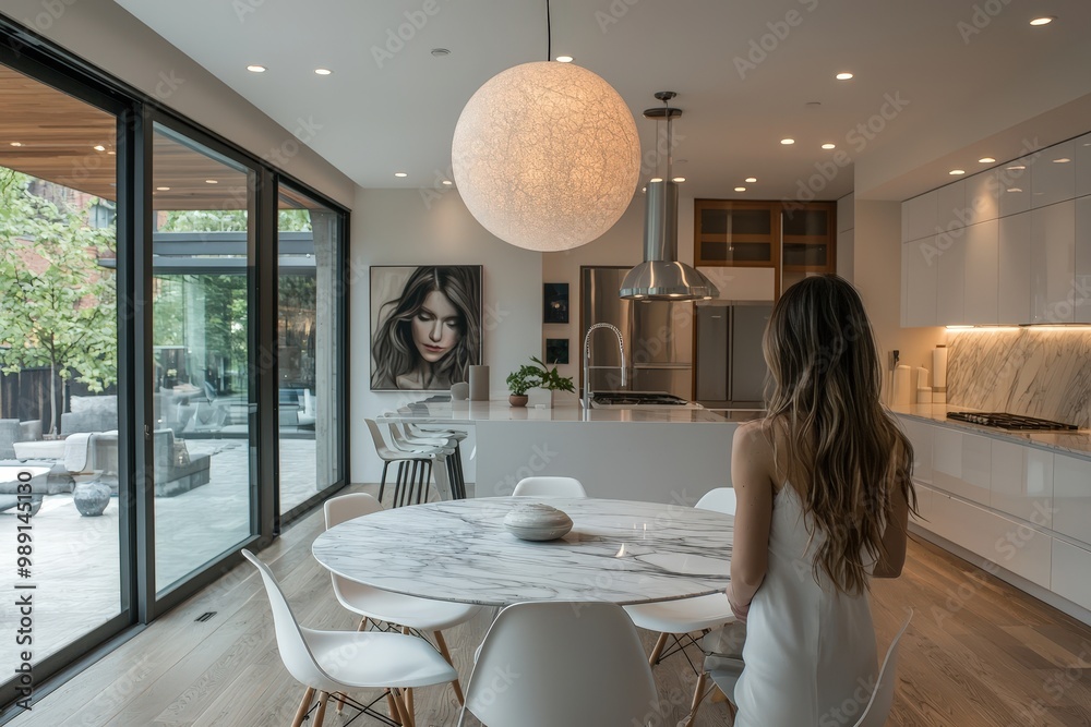 Canvas Prints In a contemporary kitchen, a woman stands by a marble dining table, surrounded by large windows showcasing an outdoor space. The warm light enhances the inviting ambiance