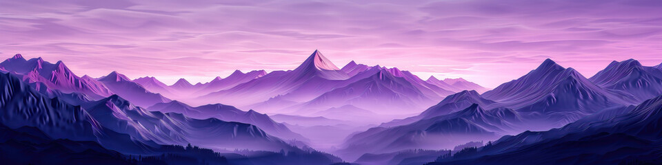 Serene Purple Mountain Range: Snow-capped mountain peaks tower over a misty valley.