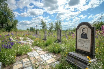 A tranquil cemetery is surrounded by wildflowers and tall grass, featuring weathered gravestones under a bright, partly cloudy sky, creating a peaceful atmosphere