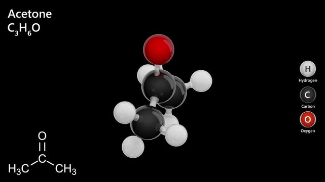 Acetone molecule C3H6O, a 3d chemical structure with a color code. Acetone is a colorless liquid with smell, flammable and dissolves in water. Seamless loop. 3d rendering. Black background