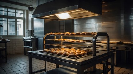 Bakery kitchen with oven and dough background