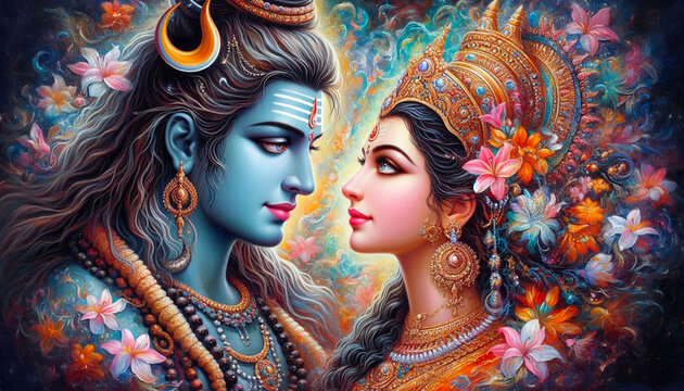 Hindu religious god Shiva or shiv with goddess Parvati in colorful flower texture design for religious, Hindu festival Maha Shivratri concept background