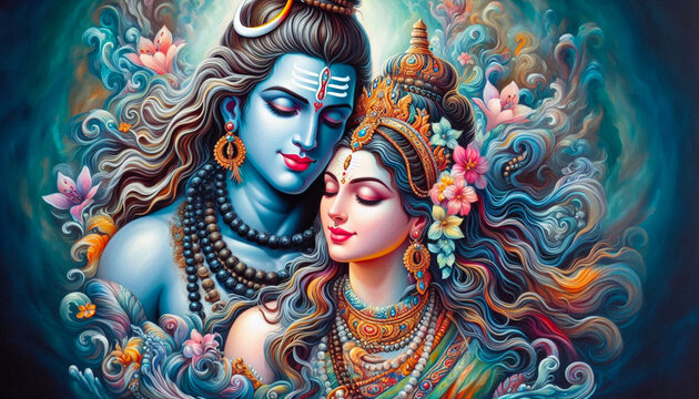 Hindu religious god Shiva or shiv with goddess Parvati in colorful flower texture design for religious, Hindu festival Maha Shivratri concept background