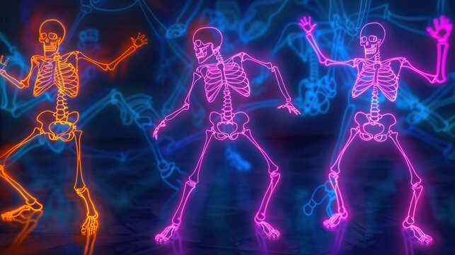 A vibrant display features three animated skeletons dancing energetically, illuminated by neon colors. The colorful backdrop enhances the lively Halloween spirit