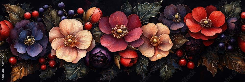 Poster this artwork features a rich display of hand-painted flowers and berries with various colors and tex
