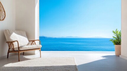 Obraz premium Serene Living Room with Breathtaking Sea View Through Panoramic Window