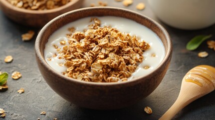 A bowl of crunchy oat granola is topped with fresh milk and a drizzle of honey. A wooden spoon rests beside the bowl, ready to enjoy this delicious breakfast.