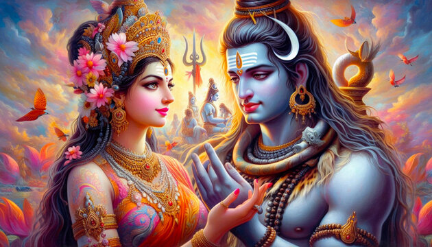 Hindu religious god Shiva or shiv with goddess Parvati in colorful flower texture design for religious, Hindu festival Maha Shivratri concept background