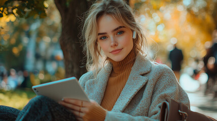 Obraz premium Businesswoman Working Remotely Outdoors with Tablet on a Sunny Day