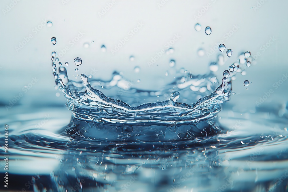 Poster the moment captures water droplets making contact with a tranquil surface, causing ripples and splas