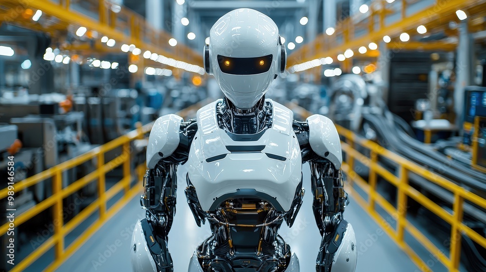Aufkleber a humanoid robot with a sleek design stands in a spacious factory filled with machinery and bright l