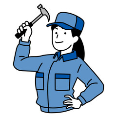 ハンマーを構えるつなぎ作業服の女性