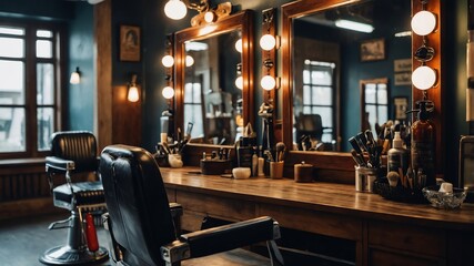 Barber shop tools and mirror on counter background