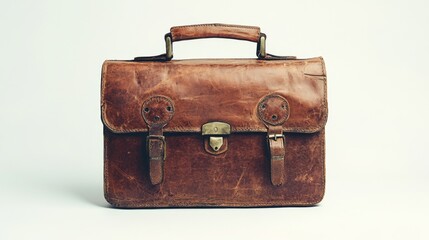 A brown leather briefcase sits on a white backdrop.