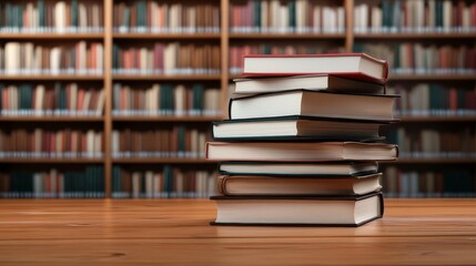 Stacked Books on Wooden Desk in Library or Bookshop Setting