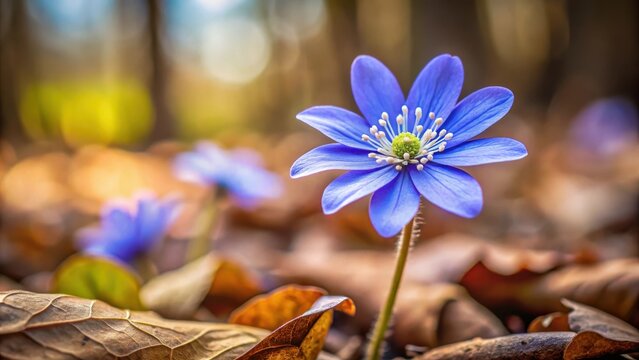 Early blooming liverleaf hepatica nobilis wildflower in shady woodland spring garden