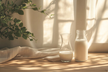 a glass of milk and a bottle of mile on the yellow table morning light at home backgrpund
