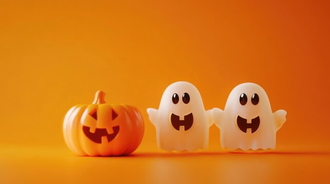 Halloween ghosts with funny pumpkin on orange background Happy halloween holiday concept