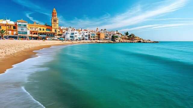 A day spent lounging on a pleasant beach in Sitges, Spain, featuring soft sand, clear waters, and a warm sense of community.