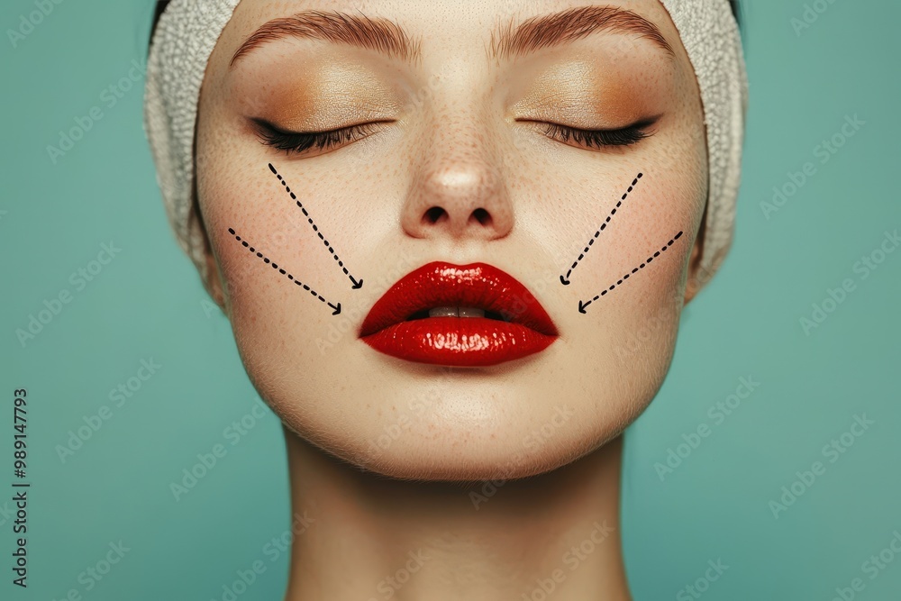 Sticker This close-up features a woman with glamorous makeup showcasing a skincare routine, emphasizing her bold red lips and relaxation. Her peaceful demeanor enhances the beauty process