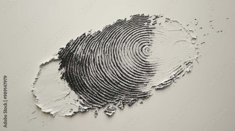 Poster A detailed and textured artwork showcases a fingerprint in black and white, emphasizing its spirals and ridges on a smooth background, creating a striking visual effect