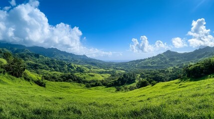 Naklejka premium Sweeping Verdant Vistas Amid Majestic Mountains and Billowing Clouds