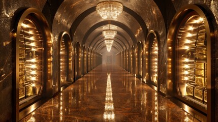 Obraz premium A lavish underground corridor with golden floors and arc-shaped doors bathed in yellow light, exuding mystery and grandeur.