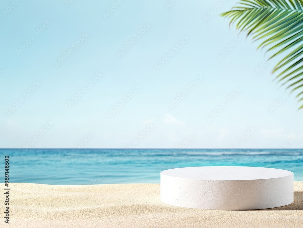 Poster Tranquil Tropical Beach Backdrop with White Podium for Product Display