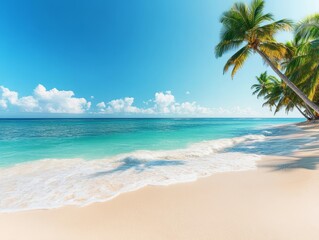 Fototapeta premium Tranquil Tropical Beach with Palm Trees and Turquoise Waters
