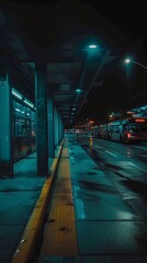 Fototapeta premium Nighttime image of empty train and bus station, wet pavements, warm streetlights, and electric buses parked, conveying a serene, quiet cityscape ambiance.
