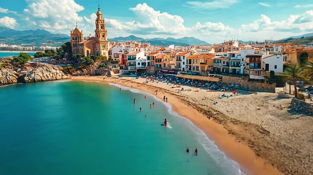 A day spent lounging on a pleasant beach in Sitges, Spain, featuring soft sand, clear waters, and a warm sense of community.