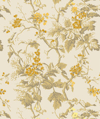 floral pattern with yellow flowers and grey-green leaves on a white background.