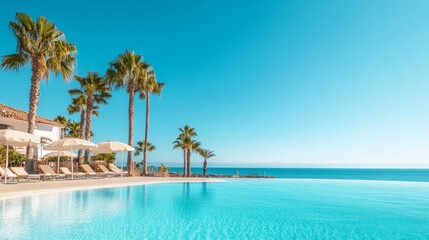 Naklejka premium Tropical Resort Poolside Oasis with Palm Trees and Serene Ocean View
