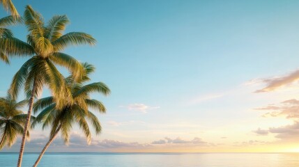 Tropical Summer Resort at Sunset with Swaying Palm Trees