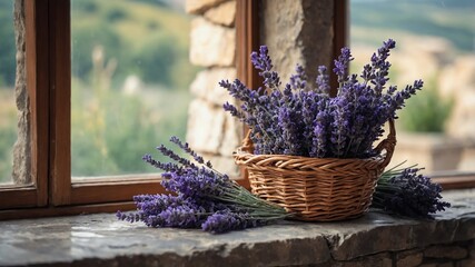 Fototapeta premium Basket of lavender on stone windowsill background