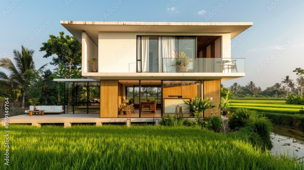 Poster Modern Villa Amidst Lush Rice Paddies