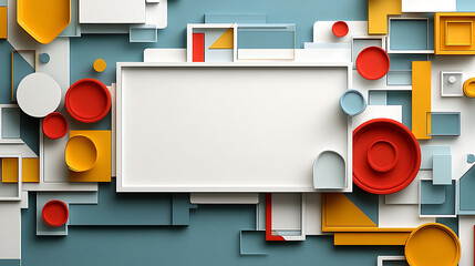 Obraz premium Abstract geometric composition with colorful shapes and a central rectangular blank frame displayed against a light blue background for professional design projects.