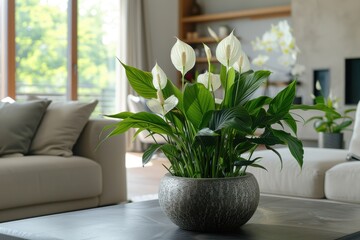 Fototapeta premium Modern Living Room with Peace Lily on Sleek Coffee Table